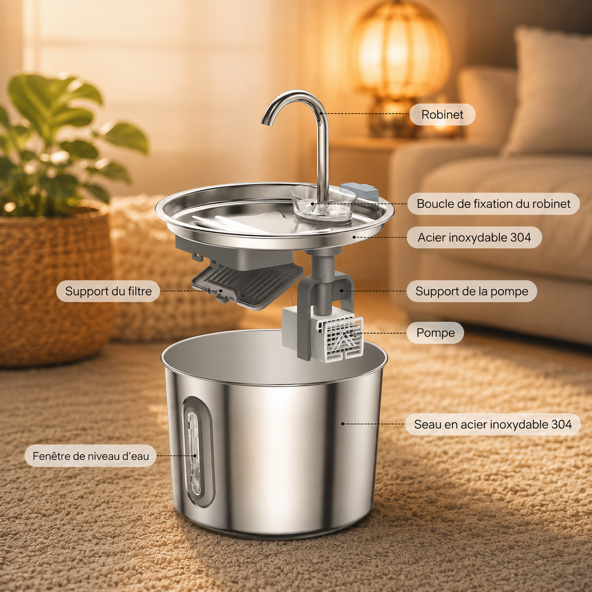 Fontaine à Eau Automatique pour Chat - Acier Inoxydable 2,2L - Ultra Silencieuse avec Fenêtre de Visualisation